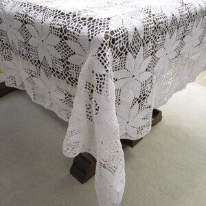 Grannycore White Hand Crochet Lace Cotton Tablecloth 54 x 58 Vintage